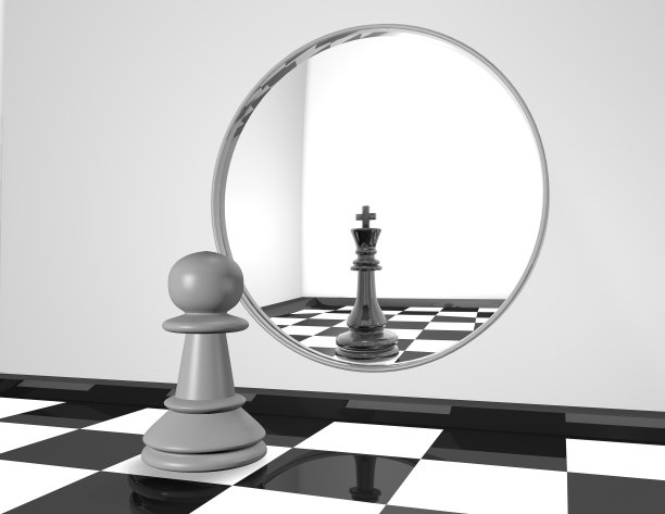 棋子棋子王在镜子里看，野心概念3D插图。图片下载