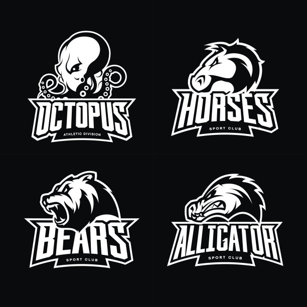 愤怒的章鱼，马，熊和鳄鱼运动矢量图标概念设置孤立的黑色背景。图片下载