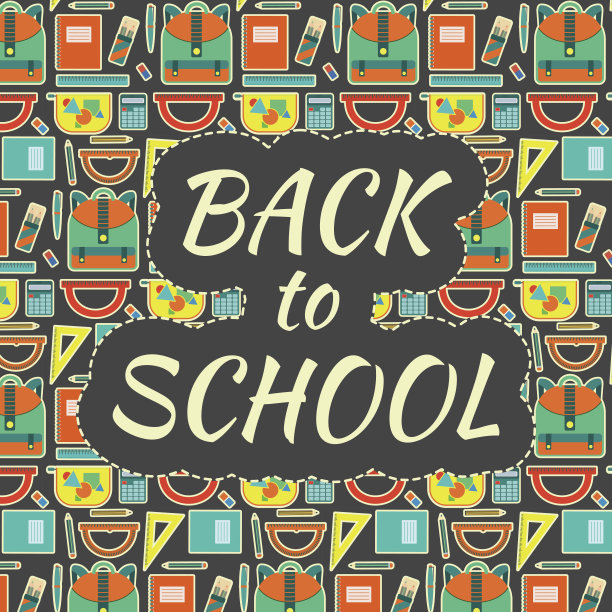 可爱的孩子教育色彩丰富的矢量海报与学校的设备与有趣的回到学校的文本在模式的背景图片下载