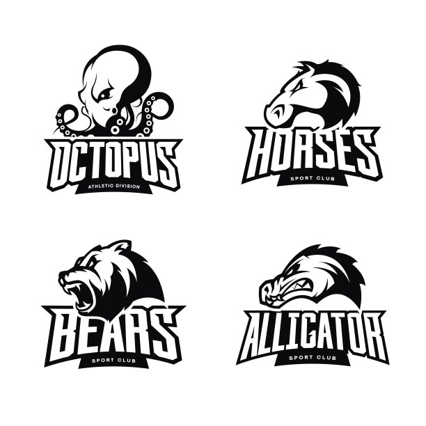 愤怒的章鱼，马，熊和鳄鱼运动矢量图标概念设置孤立的白色背景。图片下载