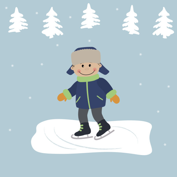 一个穿着蓝色外套的小男孩正在冬日风景的背景上滑冰图片下载