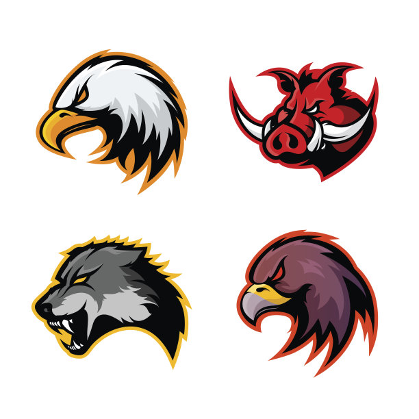 狂暴的野猪，狼，豹和鹰头运动矢量图标概念集孤立的白色背景。图片下载