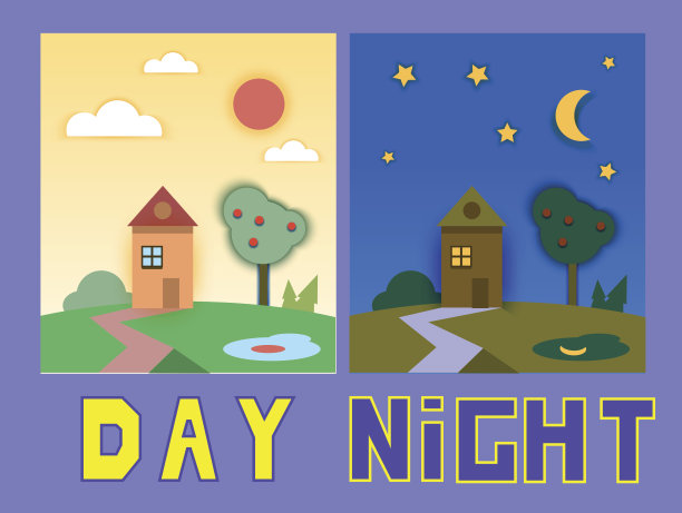 白天和晚上都有树木的房子。平面风格矢量插图。图片下载