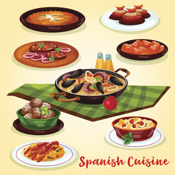 西班牙美食晚餐菜单卡通海报设计素材图片