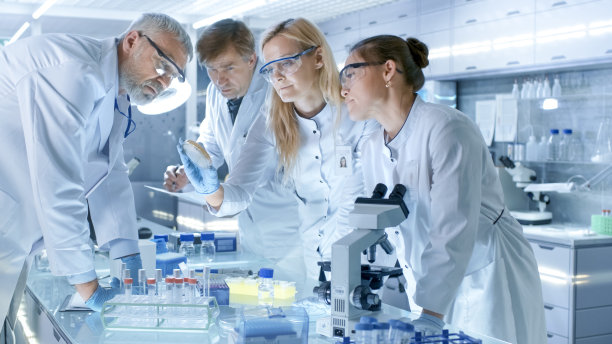 医学研究科学家团队致力于新一代疾病的治疗。他们使用显微镜，试管，微管和记录分析结果。实验室看起来繁忙，明亮和现代。图片下载