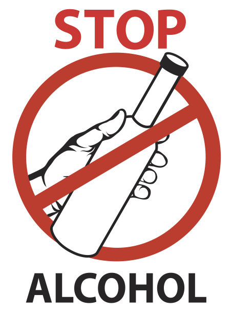 停止饮酒。一个男人的手势是要喝一杯，手里拿着酒瓶。向量。禁止红色标志。白色背景海报。图片下载