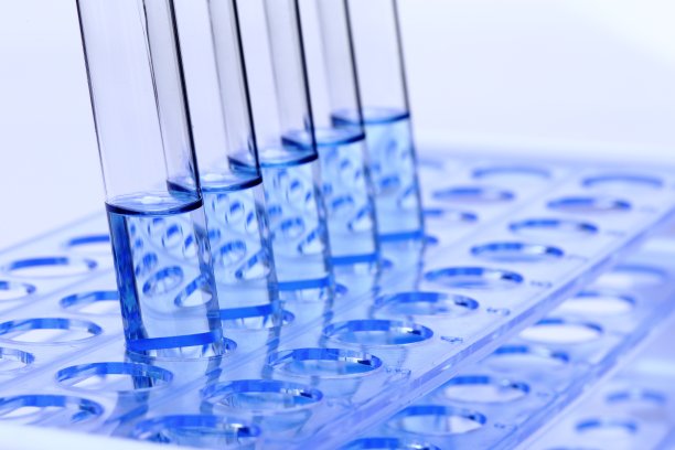 塑料支架上的蓝色液体实验室测试工具，一组5个图片下载