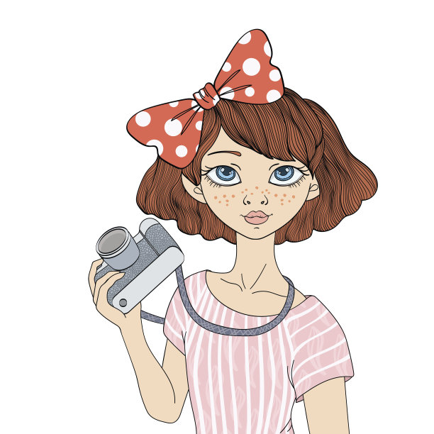 小女孩拿着照相机。矢量肖像插图，孤立在白色背景。图片下载