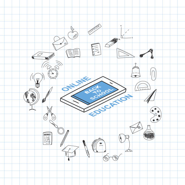 模板上的一个主题回到学校与一张表在一个盒子。一套绘图矢量元素和等距智能手机的教育与endolar附件。矢量插图。图片下载