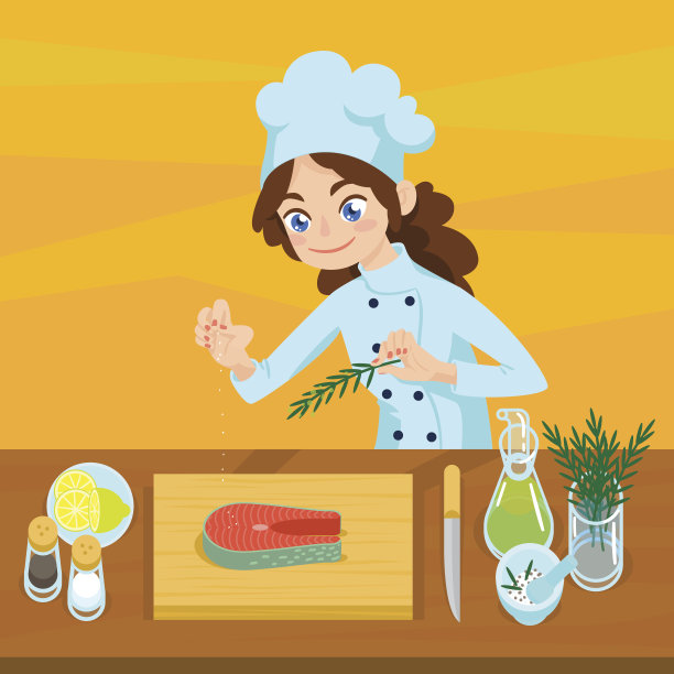 快乐的年轻厨师在切菜板上准备鲑鱼排。图片下载