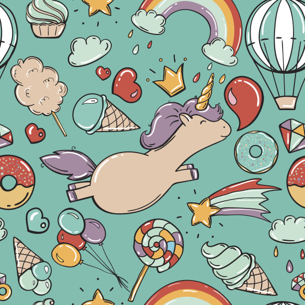 独角兽甜套贴纸，别针，贴片卡通漫画风格。图片下载