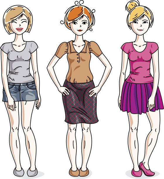 快乐年轻的成年女孩女性站在时尚的休闲衣服。矢量字符集合。图片下载