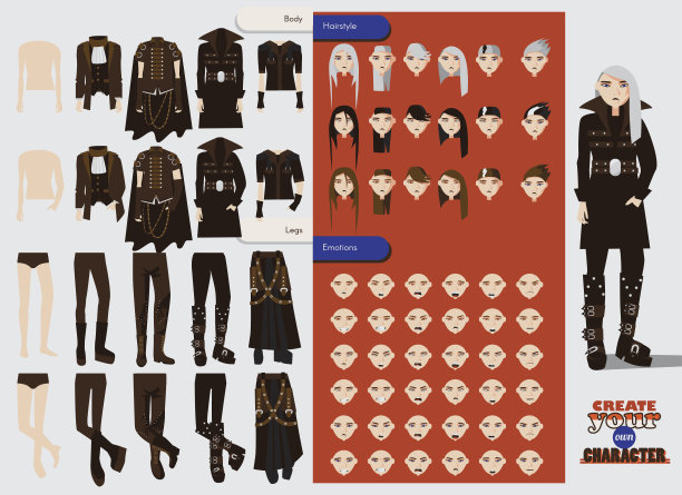 向量构造师英俊的哥特男性角色与备用身体部分图片下载