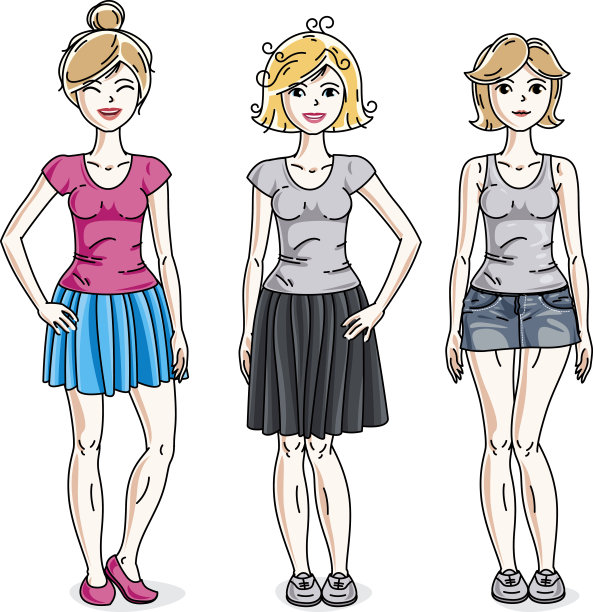 年轻快乐的成年女孩女性穿着休闲的衣服站着。矢量字符集合。图片下载