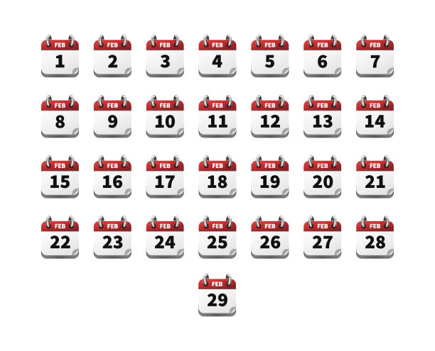 一套明亮现实的日历图标在二月孤立在白色图片下载