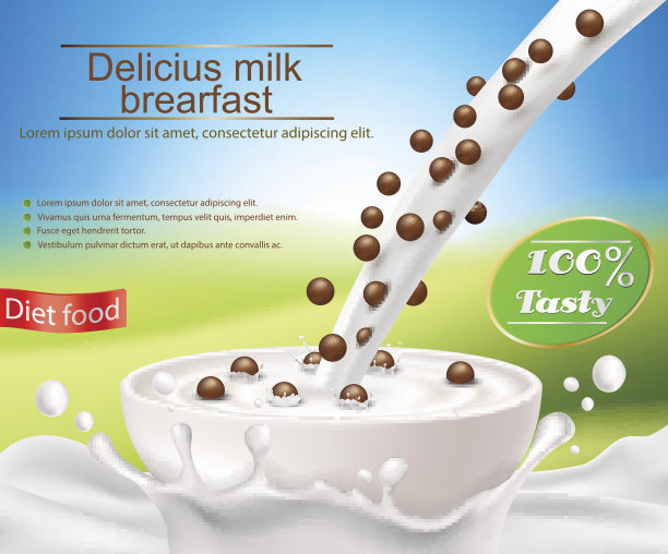 矢量现实海报与牛奶飞溅和牛奶倒进一个杯子的麦片早餐，巧克力麦片球图片下载