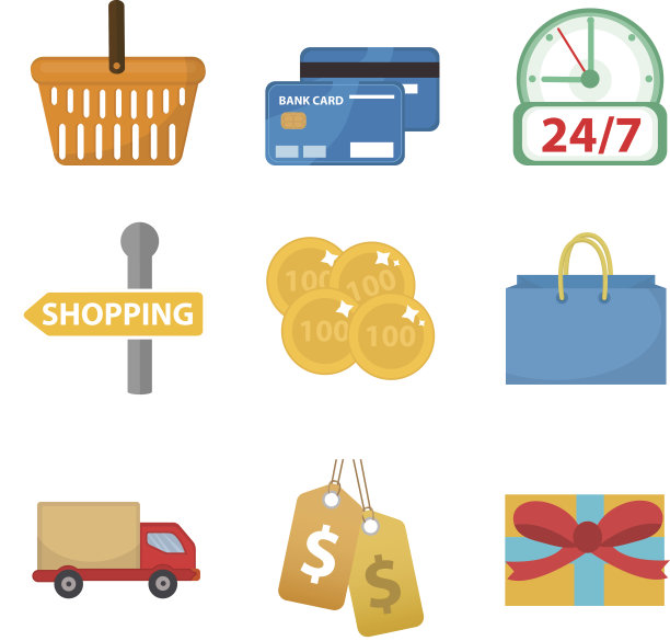 购物图标设置，平面风格。商店图标收集孤立的白色背景。存储对象和项目。向量插图,剪辑艺术。图片下载