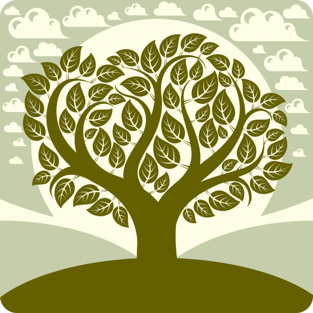 艺术矢量图形插图的春天树生长在美妙的草地，田园诗般的黎明景观与云彩和升起的太阳。象征生态形象，田园风光。图片下载