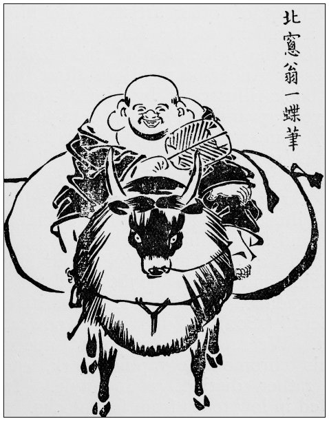 日本古董插图：月冈雪帝的 Hotei（1770 年）素材图片