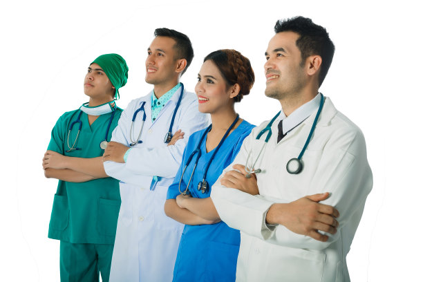 医生和护士在医院双臂交叉站在一起是专业的，团队向上看的同时，概念动机和团队合作，孤立在白色的背景。图片下载