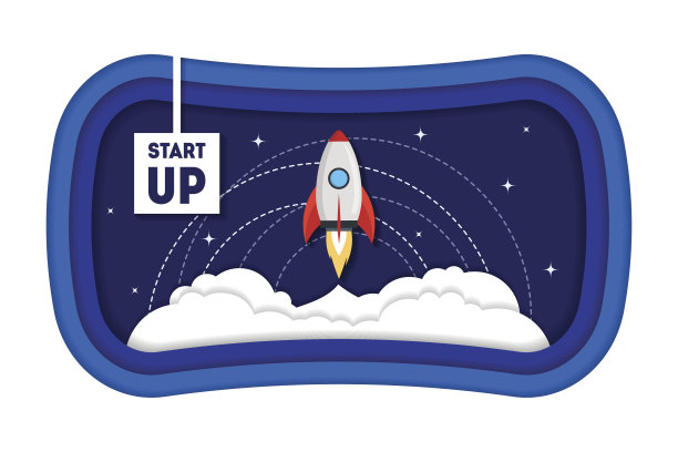 卡通符号开始概念太空飞船火箭纸艺术。向量图片下载