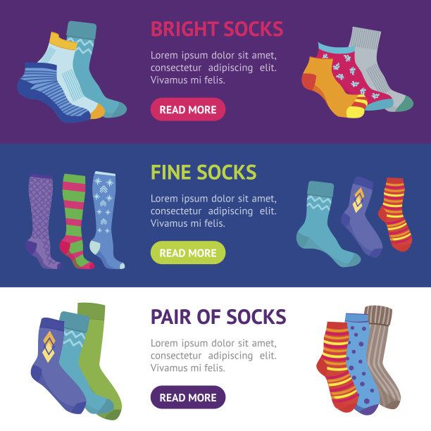 彩色有趣的袜子横幅水平设置。向量图片下载