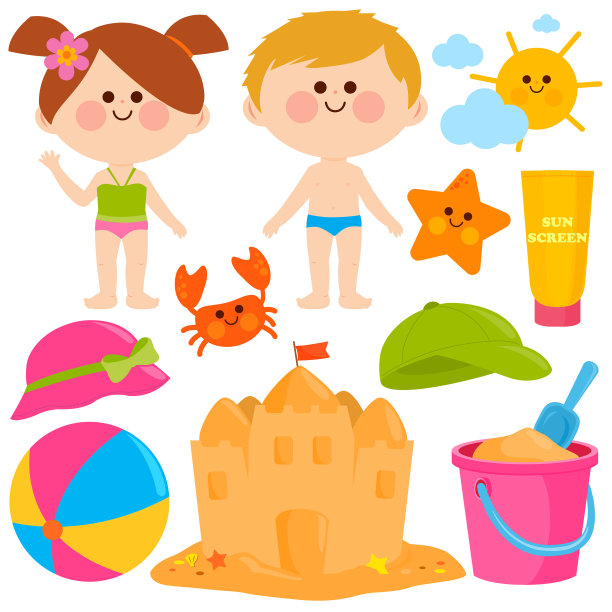 儿童泳装和沙滩度假设计元素。图片下载