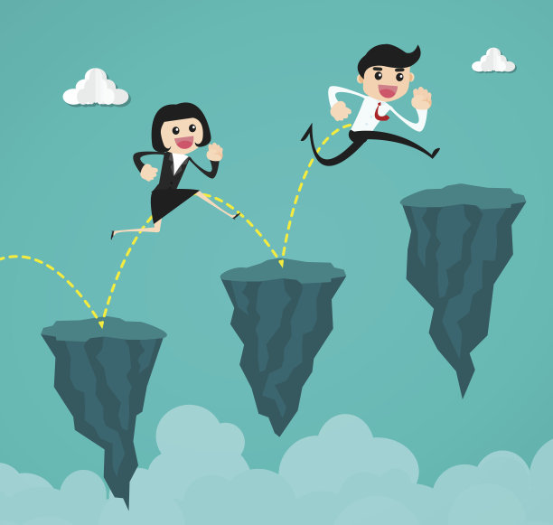 商人跑着跳着穿过悬崖之间的缝隙。商业风险和成功的概念图片下载