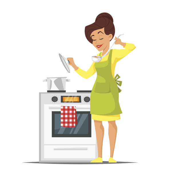 家庭主妇在炉子旁试菜图片下载