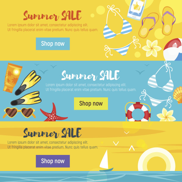 旗帜模板设计与多彩的海滩元素图片下载