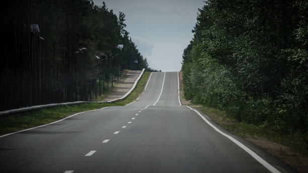 夕阳下的松林中蜿蜒的山路。蛇形。太阳发出光，遮蔽太阳图片下载