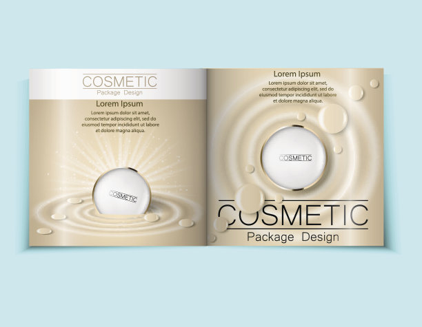 浅蓝色的化妆品宣传册设计也可用于商品目录或杂志，3d插图。粉底和遮瑕膏。矢量图图片下载