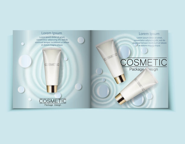 俯视图浅蓝色化妆品宣传册设计，也可用于彩册或杂志上的3d插图。图片下载