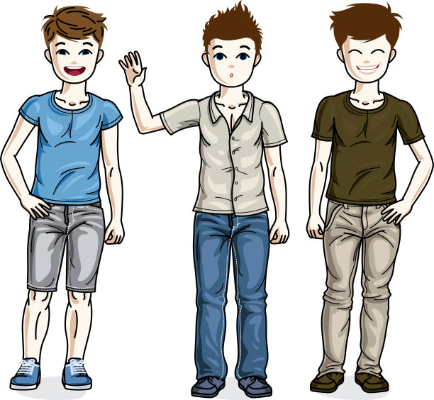 美丽的少年男孩群穿着时尚的休闲服装。向量多样性儿童插图集。童年和家庭生活漫画。图片下载
