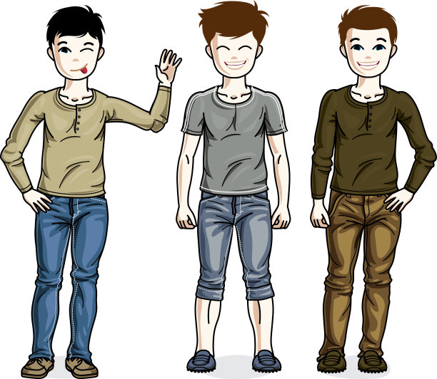可爱的小男孩群站在时尚的休闲装。矢量集美丽的孩子插图。图片下载