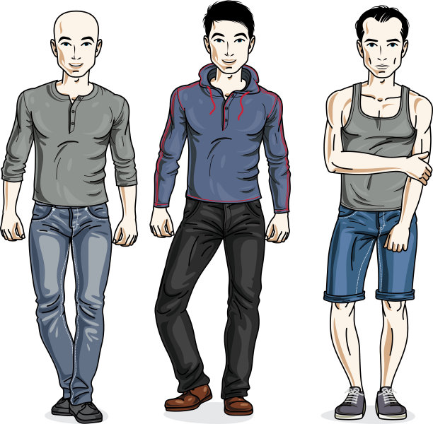 快乐的男人穿着休闲的衣服摆姿势。矢量人插图集。生活方式主题的男性角色。图片下载