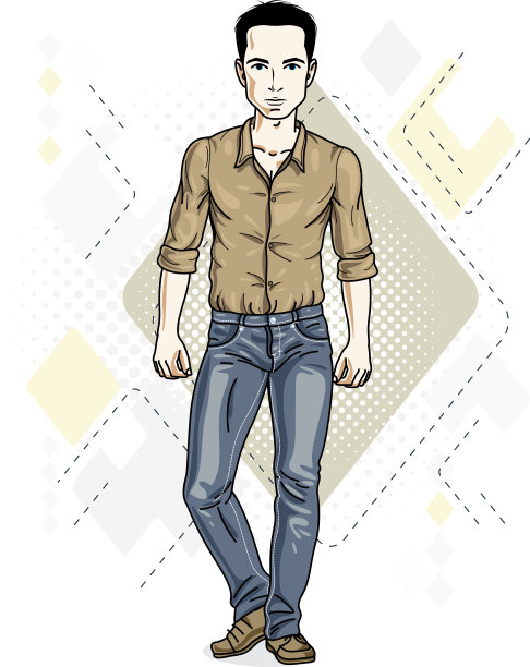 英俊的黑发青年站着。矢量插图的男人穿着时尚的休闲衣服。图片下载
