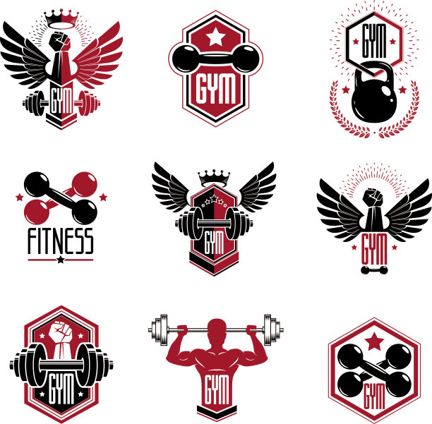 健身和重量级健身房运动俱乐部模板，复古风格矢量标志集。图片下载