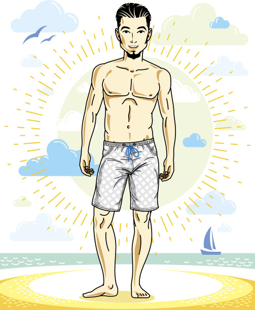 英俊的男子摆姿势在热带海滩上五颜六色的短裤。向量的性格。暑假的主题。图片下载