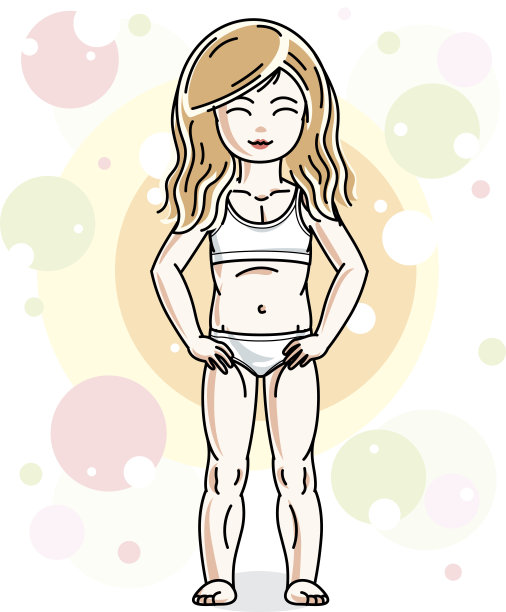 美丽的金发小女孩穿着内衣站在五颜六色的背景气泡。矢量插图。图片下载
