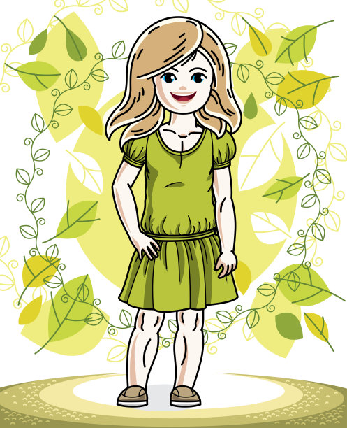 可爱快乐的金发小女孩在春天的风景背景下，穿着时尚的休闲服装。向量的性格。图片下载