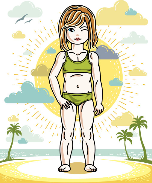美丽的小红发女孩可爱的孩子站在热带海滩上的棕榈树。矢量人体插图穿着彩色游泳衣。图片下载