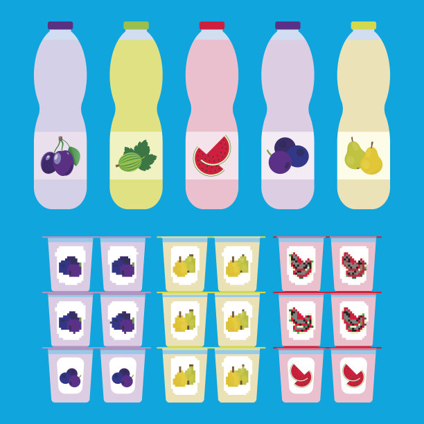 一套水果酸奶的容器和瓶子。向量。图片下载