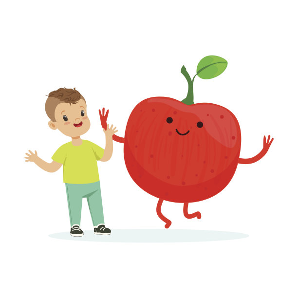 快乐的小男孩用新鲜的微笑的苹果水果，健康的食物为孩子们彩色的字符矢量插画图片下载