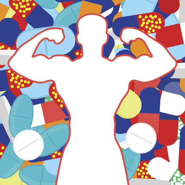 一个肌肉发达的运动员的剪影在药片，胶囊兴奋剂的背景。图片下载