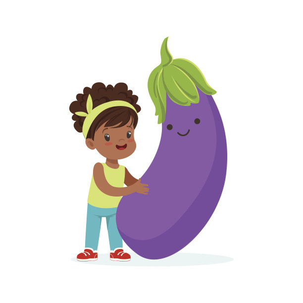 快乐的小女孩用新鲜微笑的茄子蔬菜，为孩子们提供色彩斑斓的健康食品矢量插画图片下载