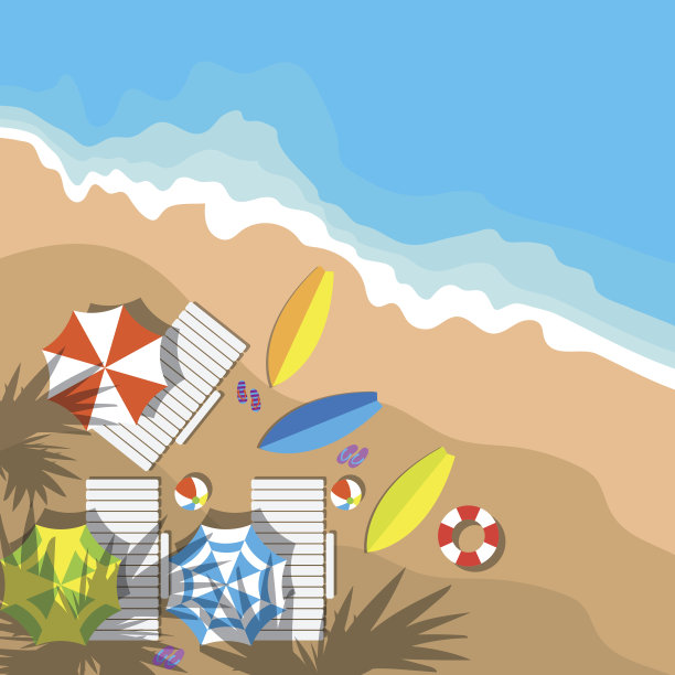俯视图暑假与海滩项目和波浪。矢量图图片下载