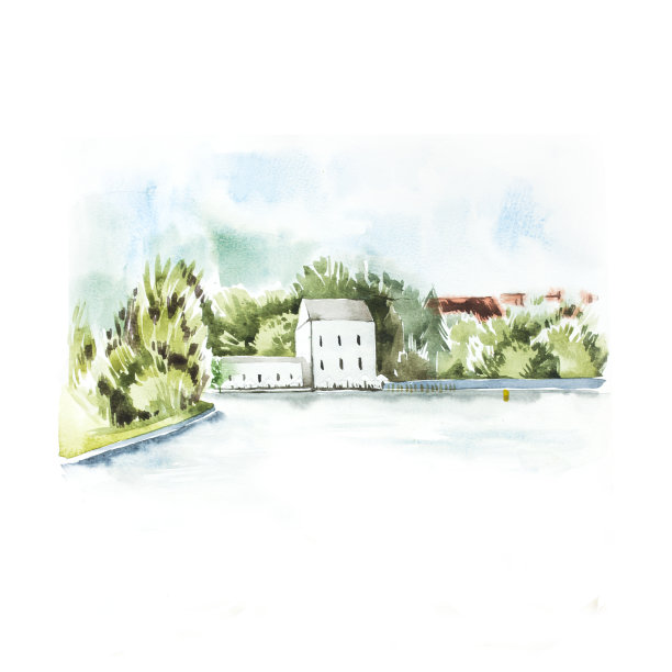 水彩画显示风景捷克共和国，布拉格在夏天的时候，蓝色的天空，云彩，绿色的林间灌木丛和树木。手绘自然欧洲背景。图片下载