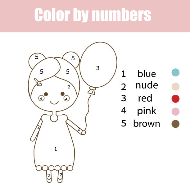 涂色页与可爱的女孩的性格。用数字着色教育儿童的游戏，画画儿童的活动。图片下载
