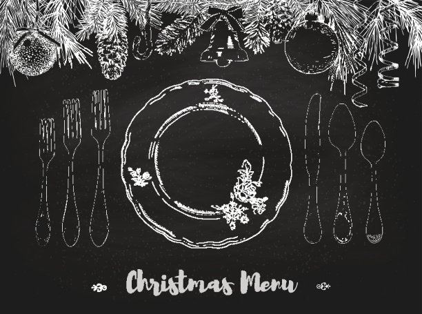 手绘卷曲装饰餐具黑板背景插画图片下载